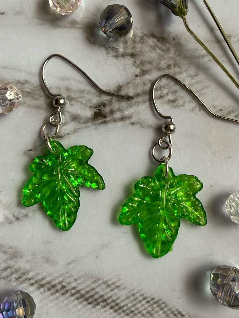 Green Leaf Dangle Earrings - Clear Green Leaf Jewelry
